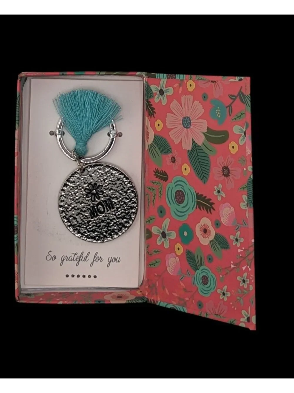 Boho Mom Floral Tassel Keychain Silver Tone Hammered Pendant Gift